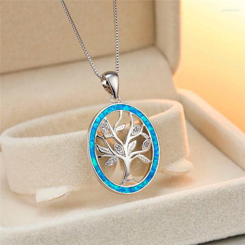 

Pendant Necklaces Vintage Silver Color Chain Necklace Cute Tree Of Life Blue Fire Opal Plant For Women Wedding Jewelry