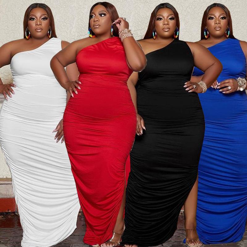 

Casual Dresses Big Size Women One Shoulder Pleats Dress Split Sleeveless Solid Stretchy Sheath For Party Nightclub Gowns, Blue