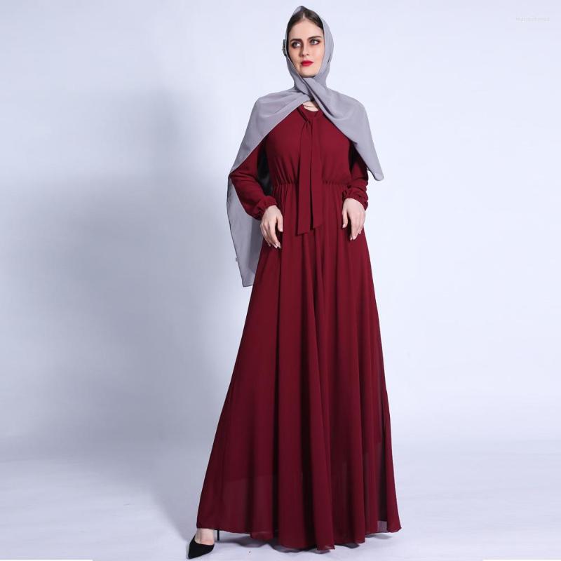 

Ethnic Clothing Chiffon Streamer Collar Muslim Women Dress Dubai Turkey Lady Elegant Longue Kaftan Stretch Waist Comfortable Femme Robe Gown