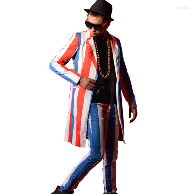 

Men's Suits Custom 2PCS Stripe Men Fashion Hip Hop Long Casual Suit Jacket Pant Male Slim Fit Blazers Coat Singer Dancer Stage Clothes