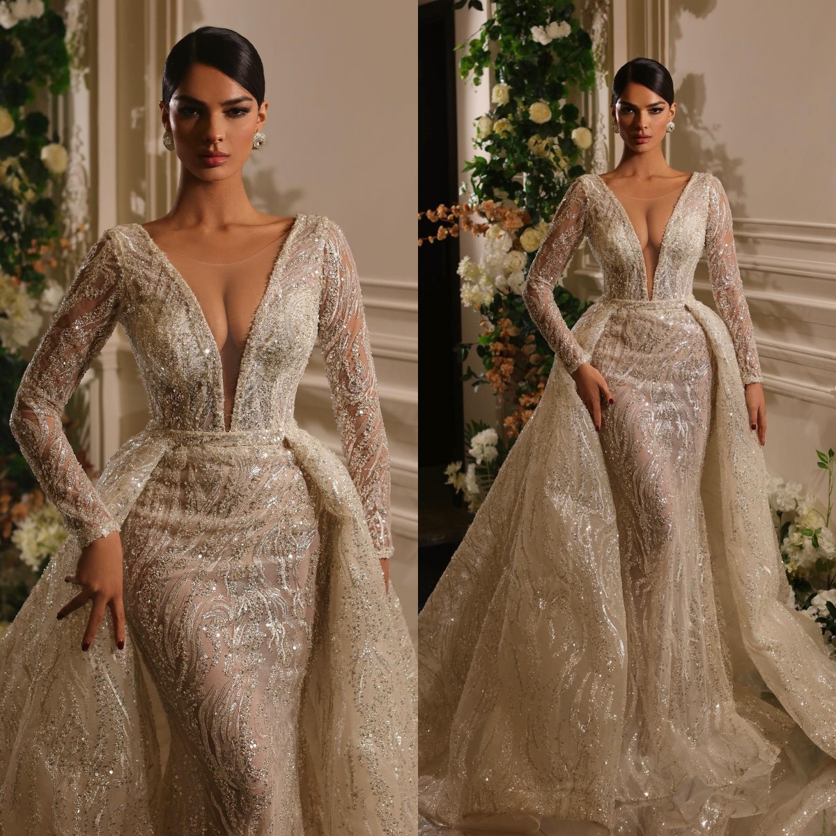 

Luxury Mermaid 2023 Wedding Dresses Bridal Gowns With Detachable Train African Sequined Vestidos Long Sleeve Wedding Dress, Gray