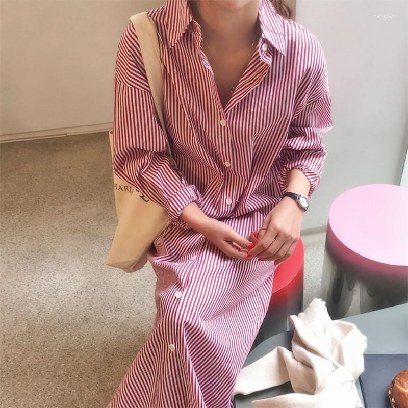 

Casual Dresses Loose Classic Vertical Stripe Long Shirt Dress Maxi Sleeve Polo Neck Women Autumn Single Breasted 2023 Work Clothes, Pink