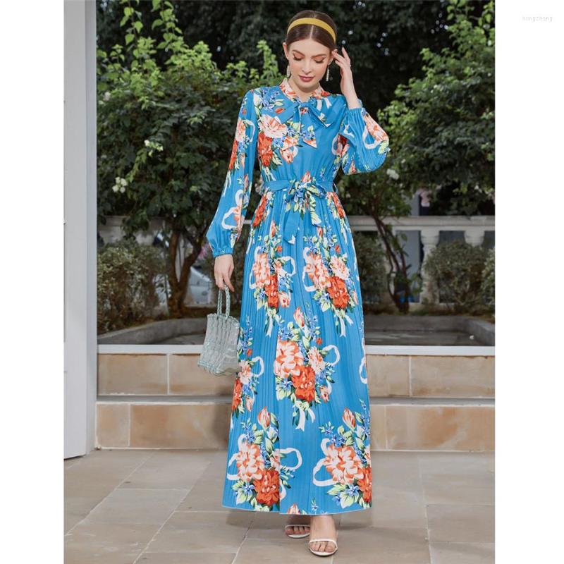 

Ethnic Clothing Fashion Women Floral Print Pleated Long Maxi Dress Belted Abaya Kaftan Muslim Dubai Turkey Caftan Islamic Robe Gown Eid