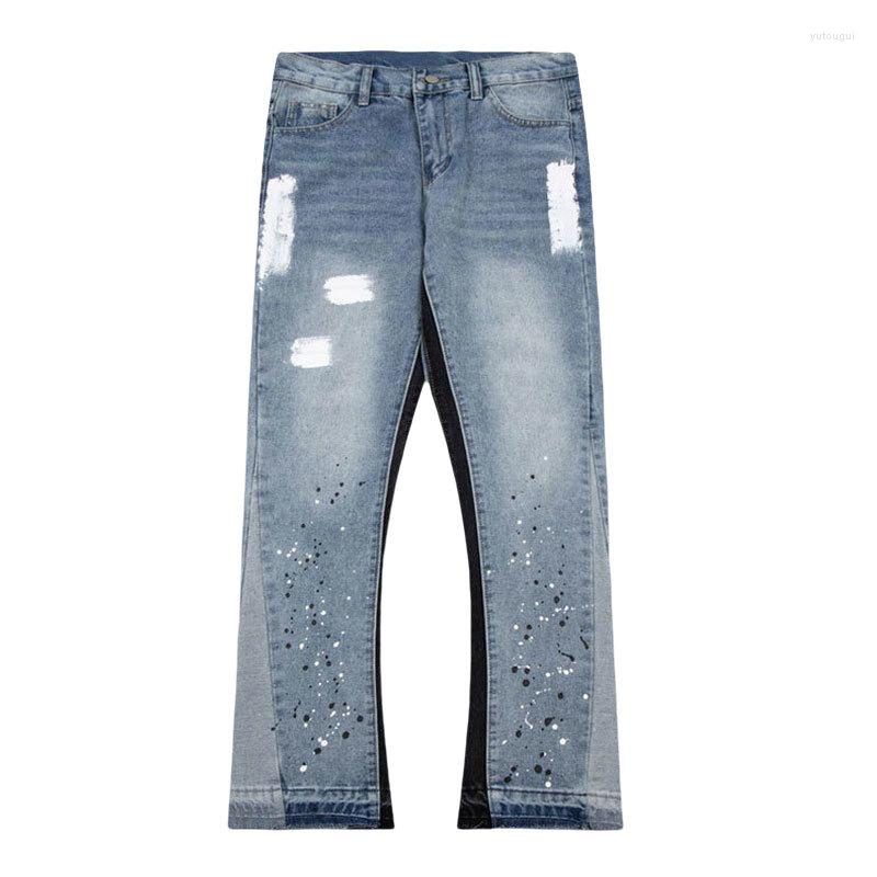

Men's Jeans Streetwear Splash Ink Men Patchwork Punk Hip Hop Pants Flared Wide Leg Destroyed Ripped, Picture