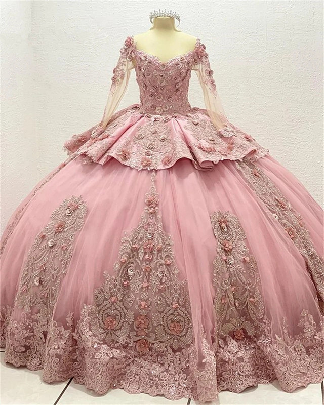 

Pink Long Sleeve Princess Quinceanera Dresses 2023 Floral Applique Peplum Lace-up Corset Prom Vestidos rosas para quinceaNeras, Champagne