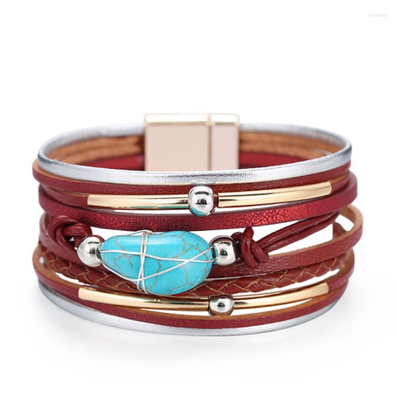 

Charm Bracelets FYJS Unique Light Yellow Gold Color Handmade Weave Multi Layer Leather Bracelet With Green Turquoises Stone Jewelry