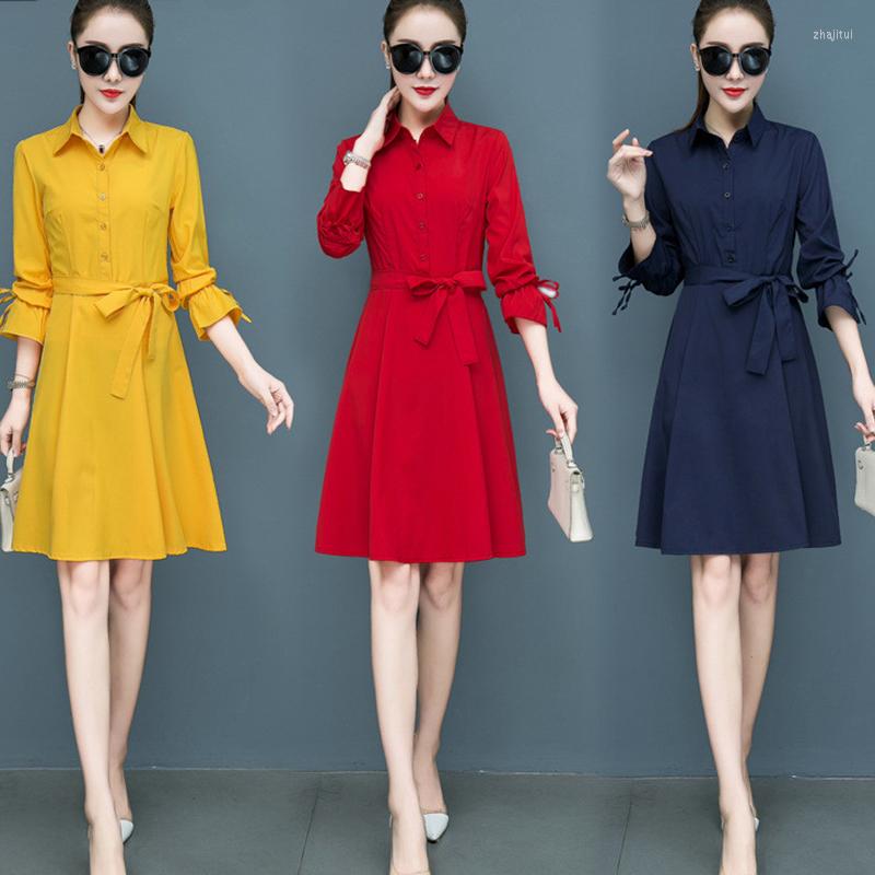 

Casual Dresses Women Office Dress Autumn Sweet Bow Horn Long Sleeve Shirt Fashion Half Open Button Strap Party Elegant Vestidos, Navy blue