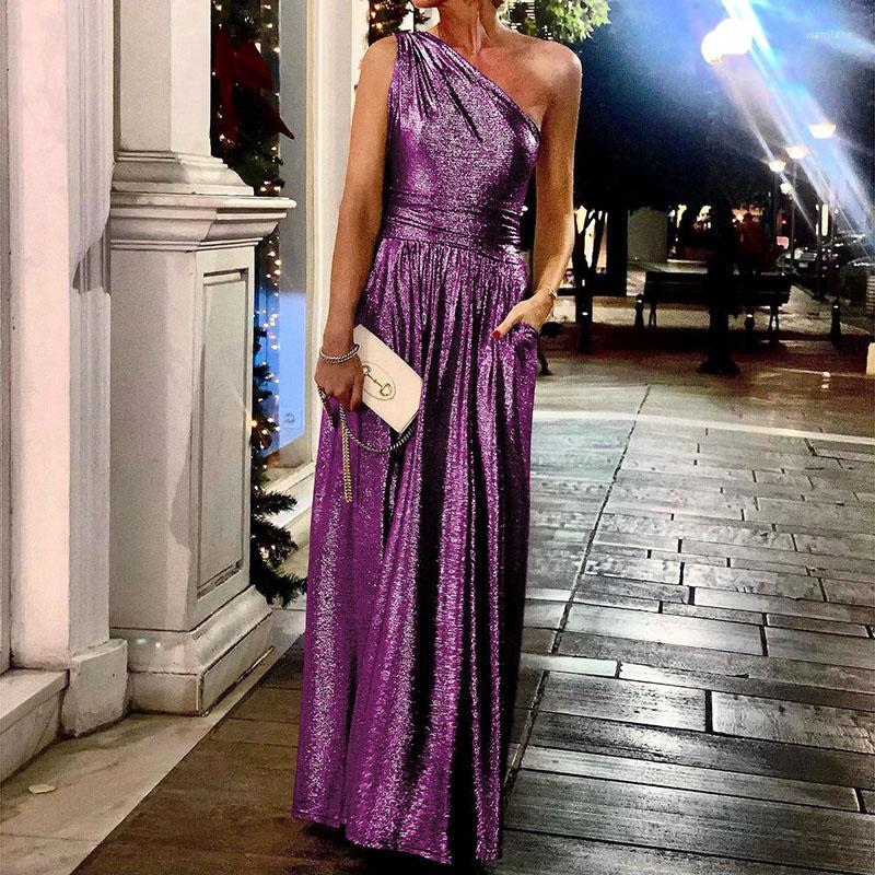 

Casual Dresses Gilded Diagonal Collar Pleats Club Party Dress Elegant Women Solid Waist Pocket Swing Long 2023 Sexy Backless, 02 gold