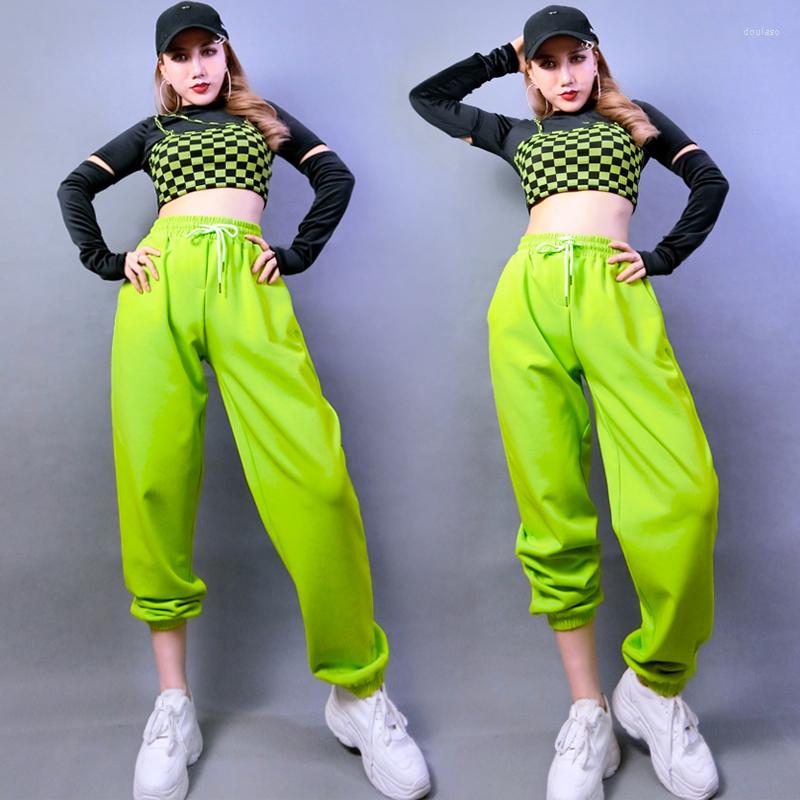 

Stage Wear Sexy Gogo Dance Costume Women Jazz Cropped Tops Fluorescent Green Pants Bar Dj Clothing Hip Hop Outift Adult DNV16026