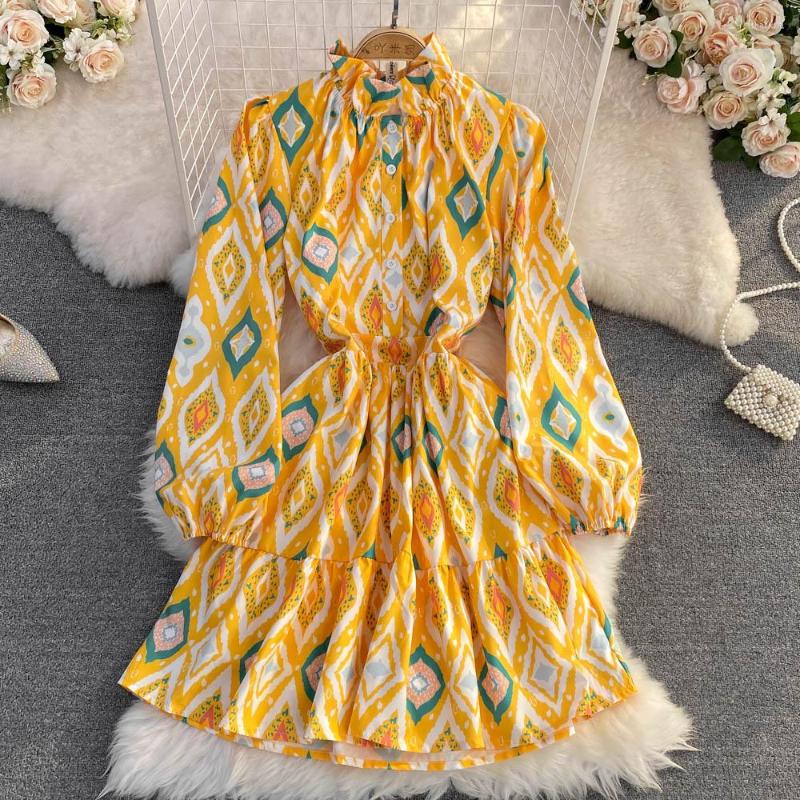 

Casual Dresses Feichic 2023 Fashion Runway Spring Women Lantern Sleeve Multicolor Floral Print Dress Boho Holiday Beach Ladies Mini, Yellow