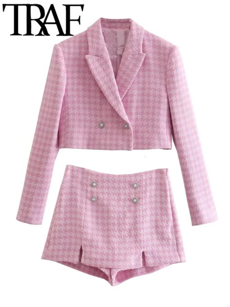 

Women's Two Piece Pants TRAF Spring Women Casual Cropped Tweed Jacket Ornate Button Houndstooth Pink Blazer Skorts Shorts 2 Piece Set 230316