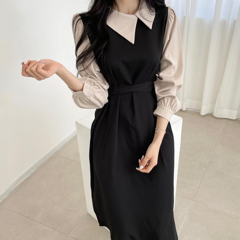 

Casual Dresses Korean Autumn And Winter Women' Long-sleeved Dress Elegant Irregular Lapel Contrast Color Stitching Tie Waist Puff, Black