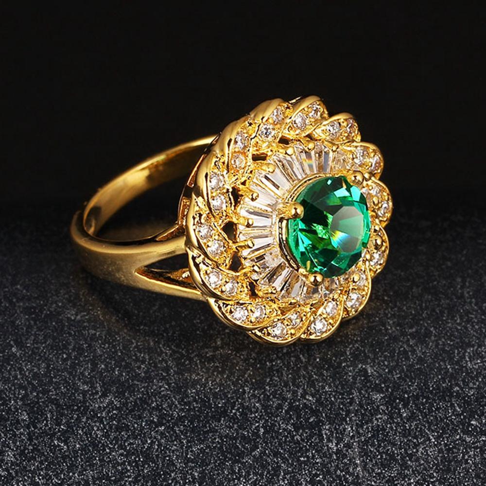

Women Ring Wedding Finger Band Round Cut Green Crystal Emerald 18k Yellow Gold Filled Brillant Engagement Bride Jewelry Gift Size 7