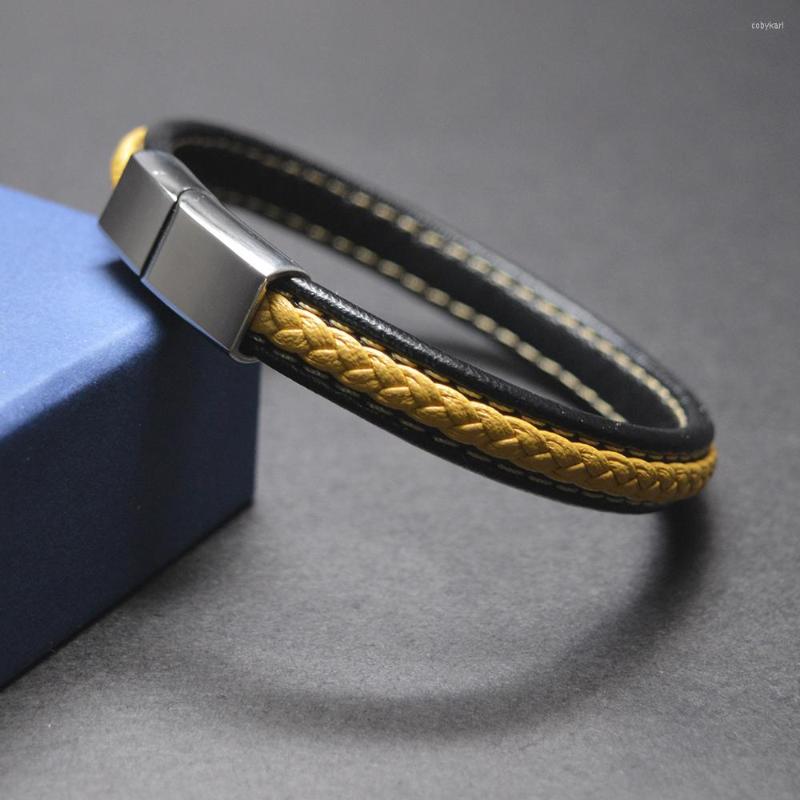 

Strand 5Pcs/Lot Custom Logo Fashion Stainless Steel Men Leather Bangle Magnetic Clasp Braided Mutilayer Wrapping Rock Bracelets