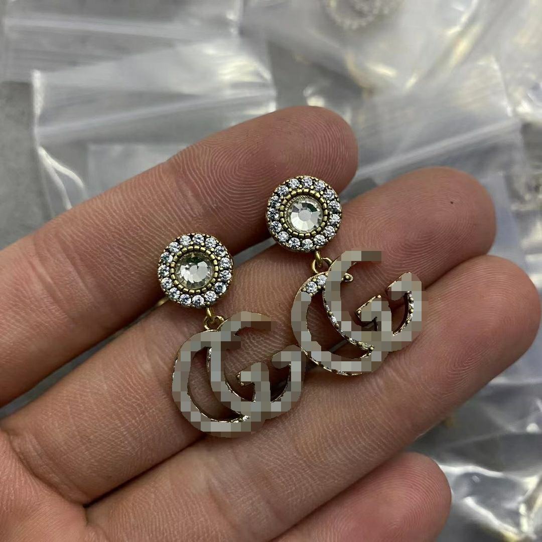 

High Classic 18K Gold Plated Stud Designer Double g Earring Luxury Geometric Crystal Heart-shaped Couple Earrings for Woman Wedding Birthday Party Gifts GE-085
