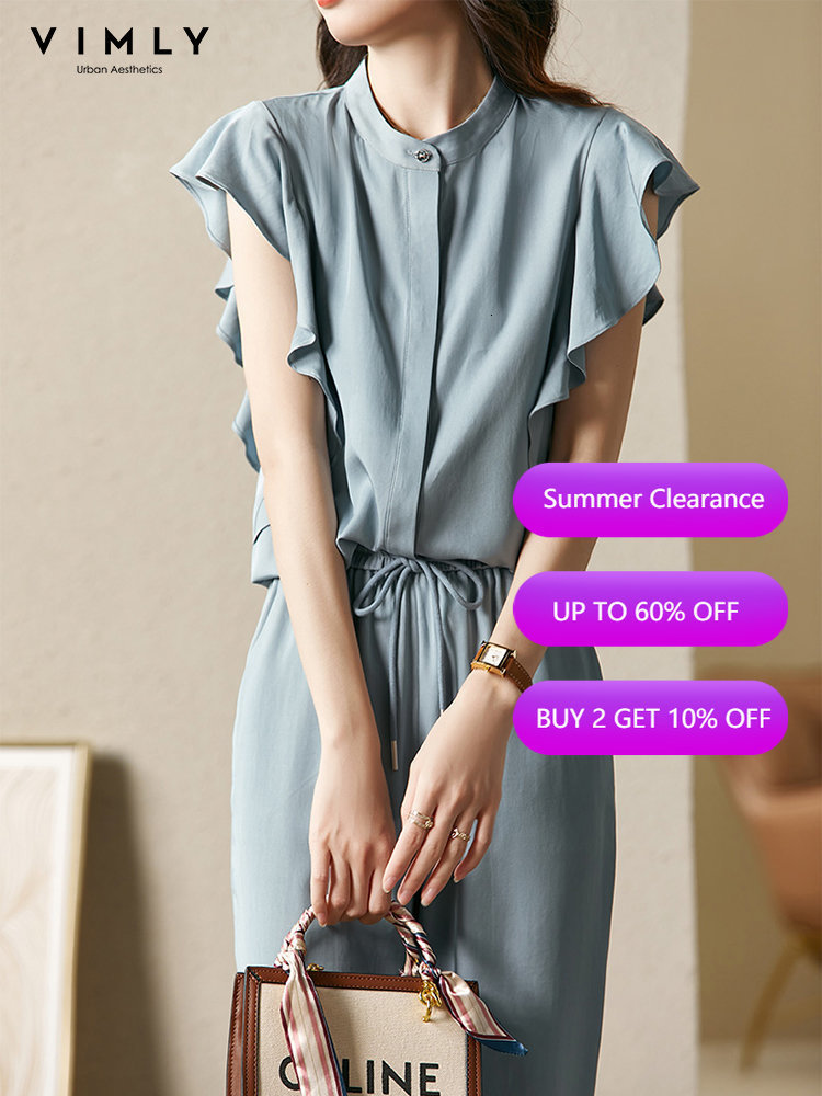 

Women's Two Piece Pants VIMLY Elegant Shirt Set's Summer Outfits Matching Set 2023 Stand Collar Petal Short Sleeve Blouse Elastic Waist 230314, Blue