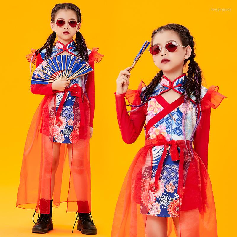 

Stage Wear Chinese Style Costumes Kids Model Catwalk Jazz Dance Clothes National Tide Red Performance Outfits Costume DNV15419