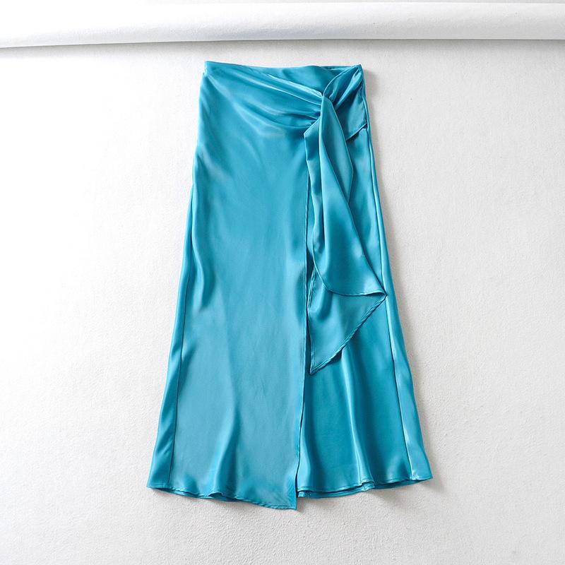 

Skirts Wf1593 European And American Women's Knot Satin Split Skirt, Blue