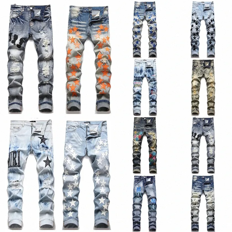 

Designer Mens Jeans Hiking Pant Ripped Hip hop Brand Pantalones Vaqueros Para Hombre Motorcycle Embroidery Close fitting Slim Pencil JnT, 14