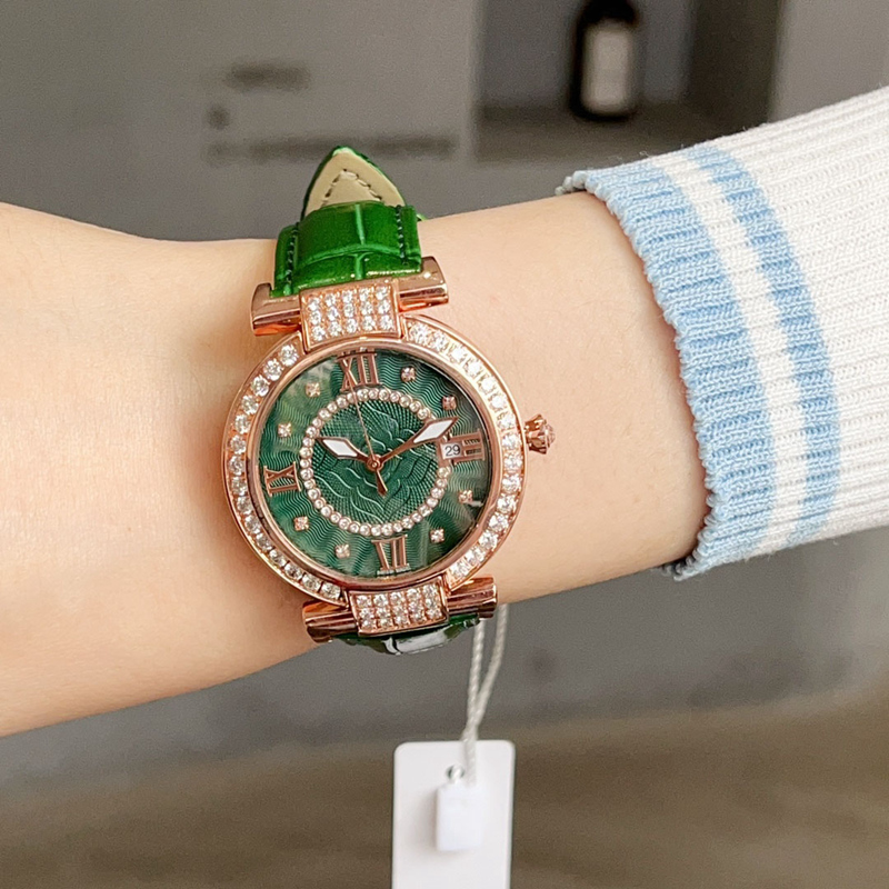 

36mm Fashion Lady Women Watch Diamond Bezel Dial Green Leather Strap Import Quartz Movement 316L Stainless Steel Case Gold Watches, Xb2