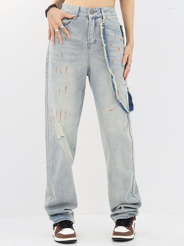 

Women' Jeans 2023 Sense Of Design Women Straight Wide Leg Pants Blue Jean Button Waist Casual Loose Trousers Woman Clothes