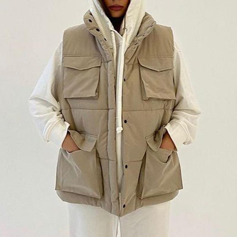 

Women's Vests Berry Fashion Autumn Safari Style Women Elegant Solid Stand Collar Coats Pockets Covered Button Cotton Ladies, Khaki
