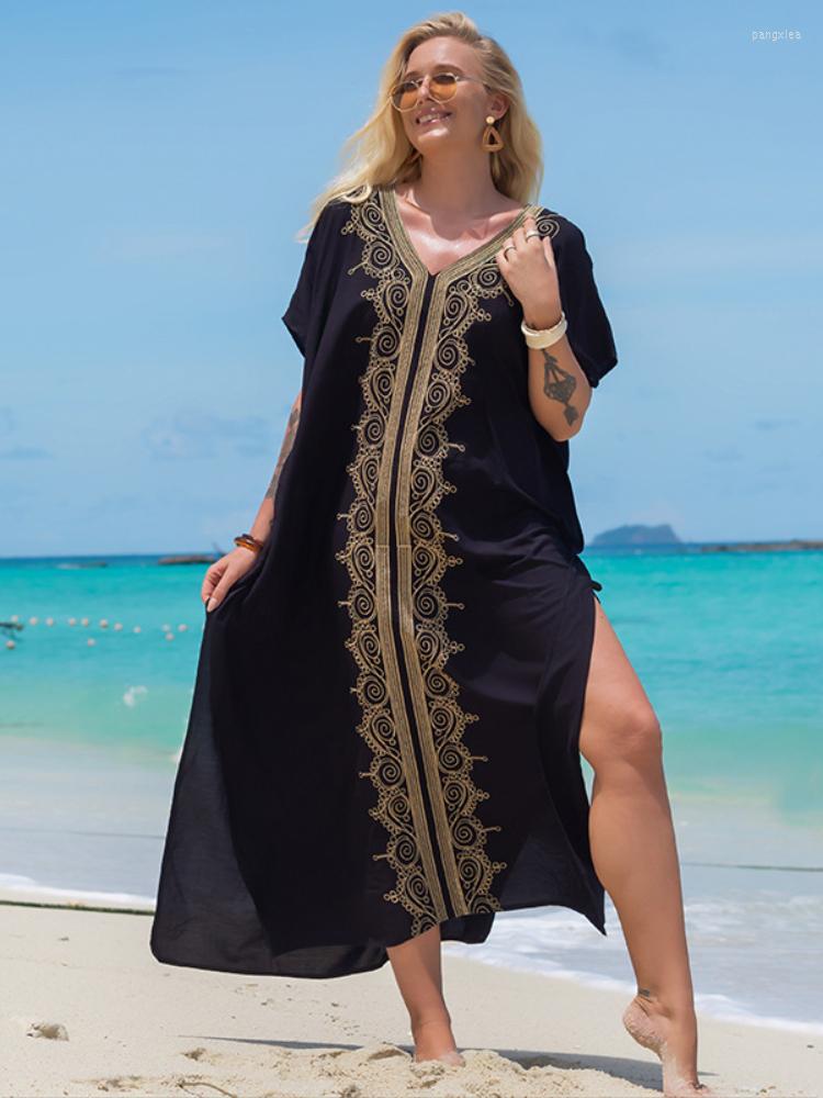 

Women's Swimwear Bohemian Dress Gold Embroideried Beach Cover Up Short Sleeve Kaftans For Women Elegant Swimsuit Tunic Bathing Suits Drop, Flower embroidery