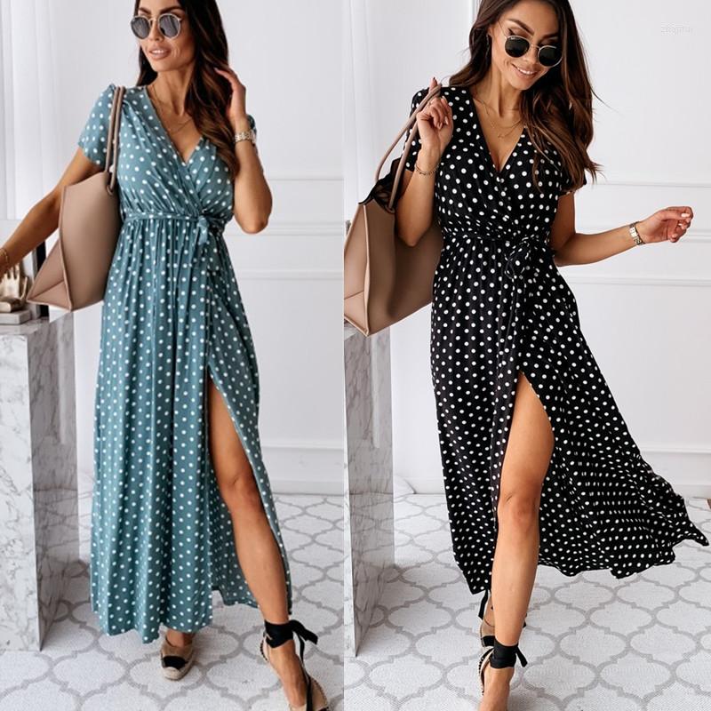 

Casual Dresses Women Wave Point Une Robe 2023 Summer Street Sexy Belt Slim Thin Beach Party V Neck Midi Polka Dot Dress Ladies, St20017-green
