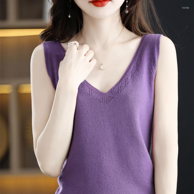 

Women' Tanks 2023 Pure Wool V-neck Ladies T-shirt Hollow Slim Sweater Cashmere Bottoming Inner Sling, Beige