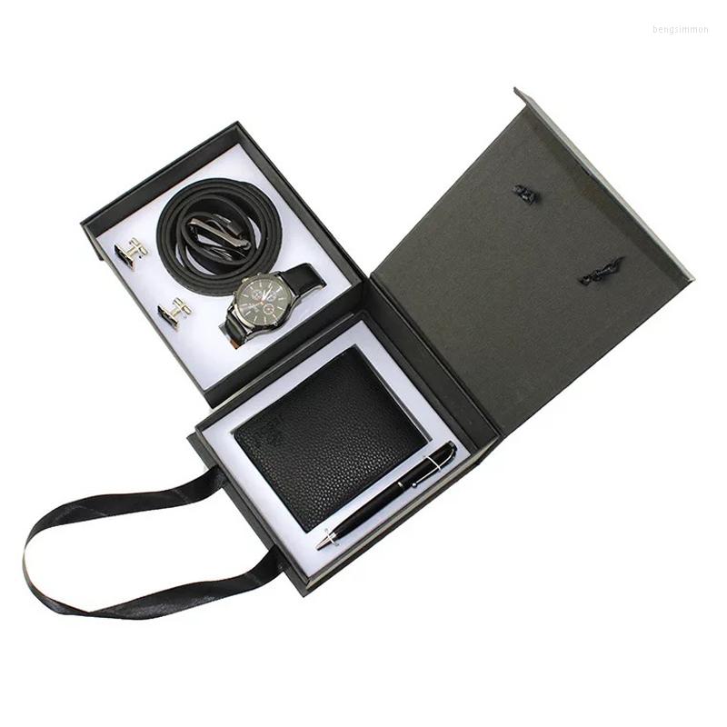 

Wristwatches Men's Creative Packed Gift Box Watches Set Quartz Wrist Watch Belt Wallet Cufflinks Pen Suit Mens Christmas Valentine's, Black set
