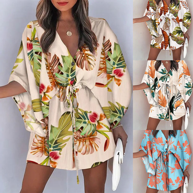 

Casual Dresses Casual Boho Dress Women Summer Sexy V Neck Print Batwing Sleeve Lace-up Loose Dresses Female Irregular Mini Dress Vestido 230316, Style8