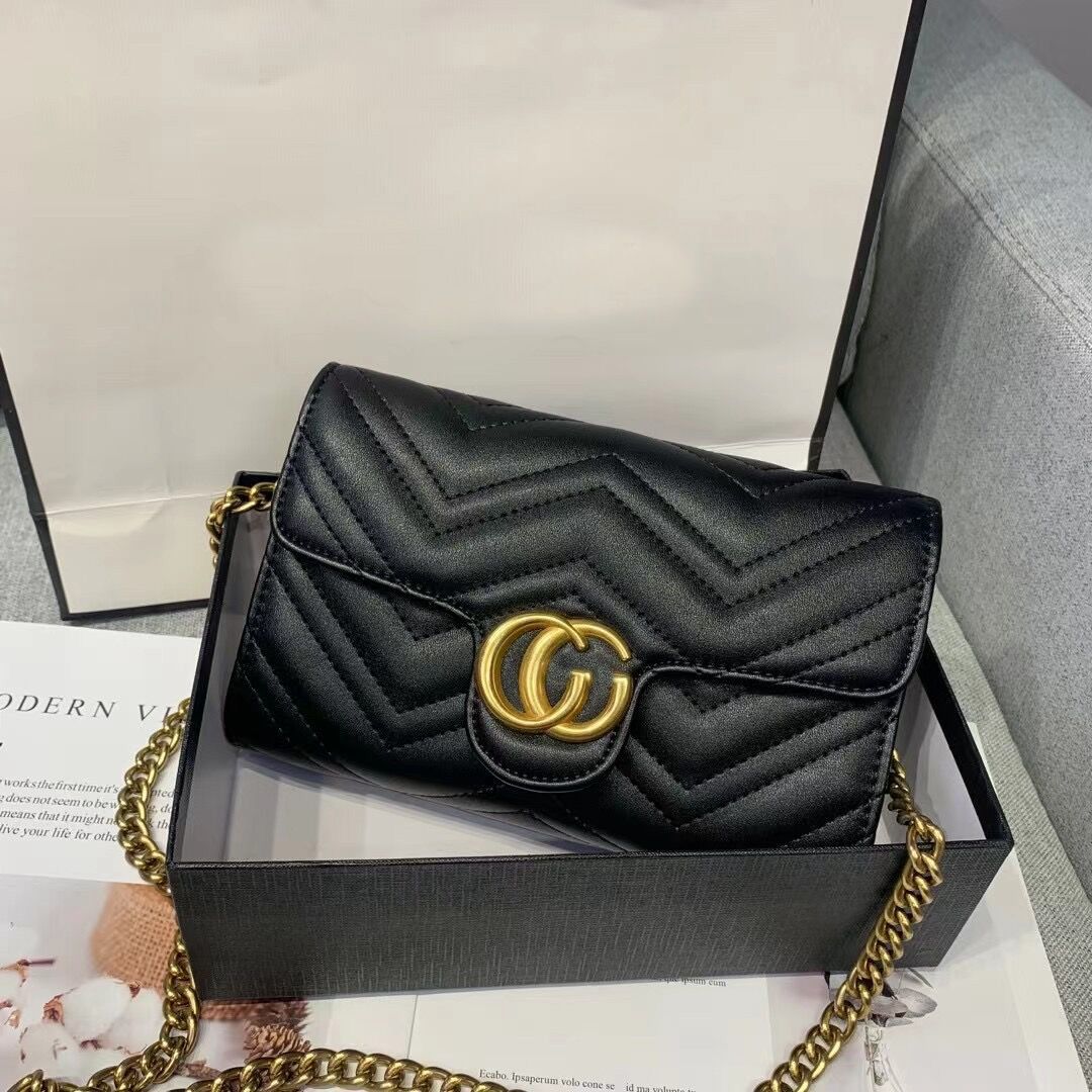 

fashion marmont women luxurys designers guccis bags 446744 real pu leather Handbags chain Cosmetic messenger Shopping shoulder bag Totes lady wallet purse, Black