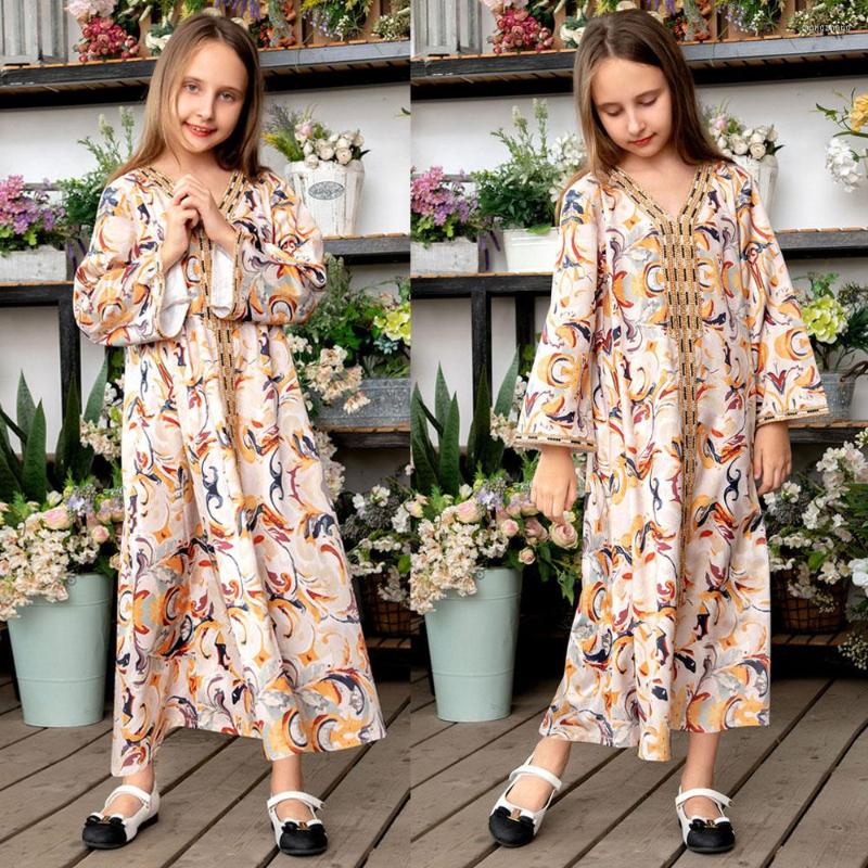 

Ethnic Clothing Muslim Kids Girls Long Sleeve Dress Print Abaya Children Kaftan Islamic Party Gown Arabic Robe Jalabiya Eid Ramadan