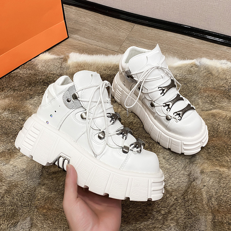 

Dress Shoes Punk Style Women Sneakers Lace-up 6CM Platform Shoes Woman Creepers Female Casual Flats Metal Decor Tenis Feminino 230316, White