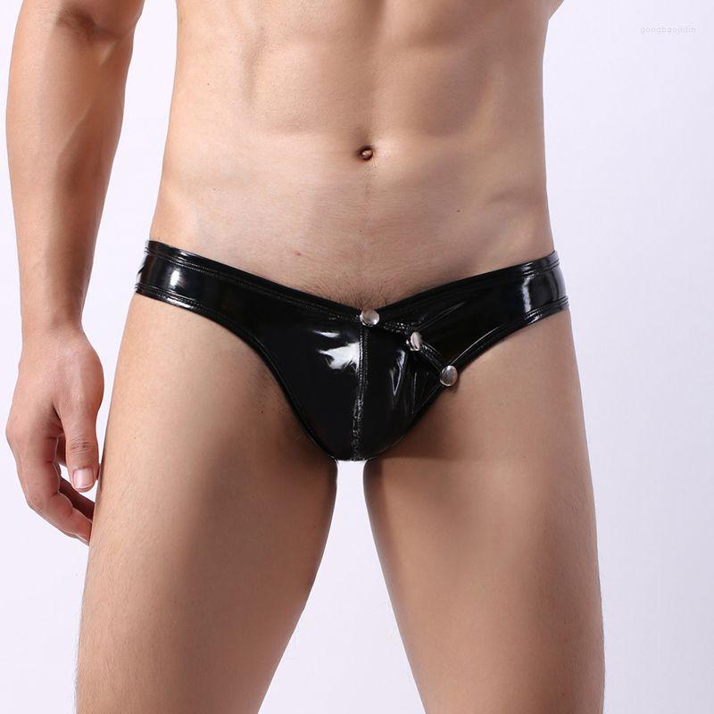 

Underpants Sexy Men U Convex Bag Low Waist Briefs Open Crotch Undershort Jockstrap Faux Leather Bulge Entertaining Gay Underwear, Black
