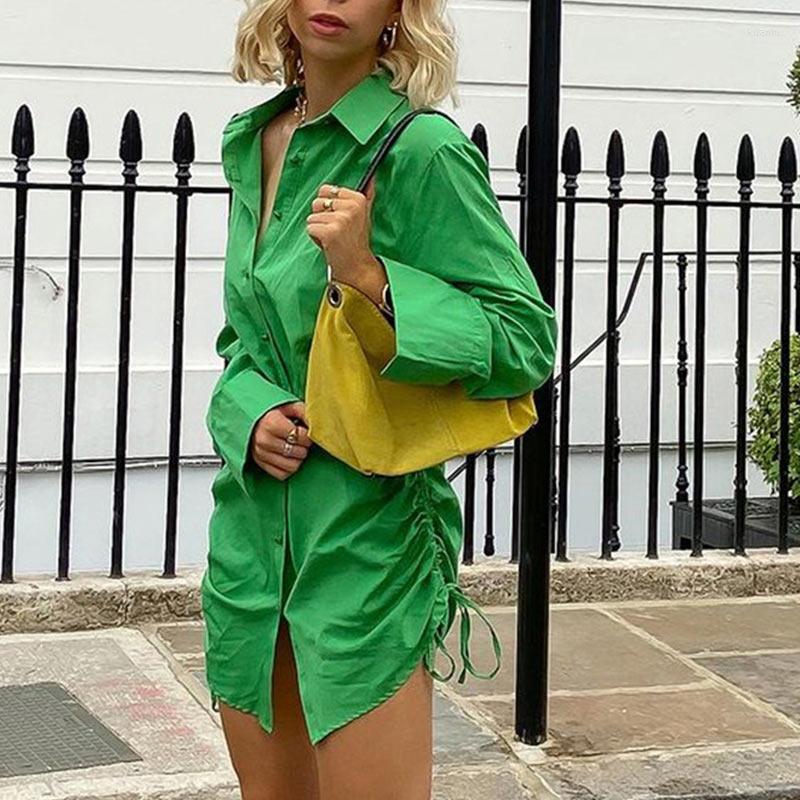

Casual Dresses Spring Smock Dress Women Long Sleeve Green Pleated Shirt Office Ladies Solid Lapel Midi 2023 Chic