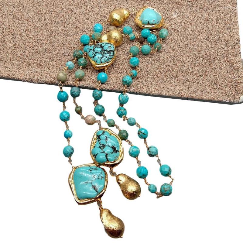 

Chains YYGEM 36'' Multi Shape Green Turquoise Rosary Gold Color Brushed Beads Long Sweater Chain Necklace 36"