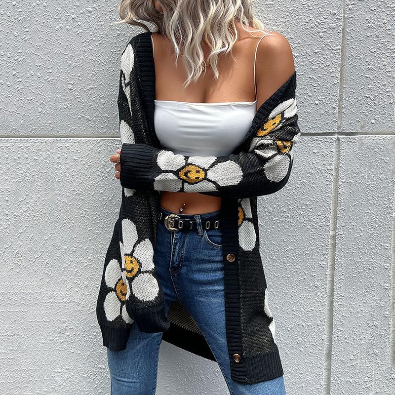 

Women' Knits Ardm Elegant Thin Jacquard Knitted Cardigans Casual Long Sleeve Auturn Sweater Coat Chic Outwear, Black