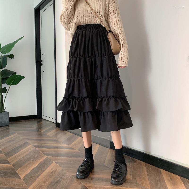

Skirts Vintage High Waisted Skirt Women 2023 Spring Autumn Teens School Girls Frill Pleated Ruffles Patchwork Long Midi Black