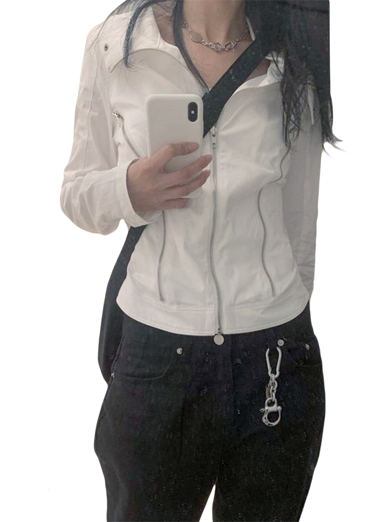 

Women's Jackets Women Casual Jacket Vintage Long Sleeve Stand Collar Zipper Closure Solid Cool Fall Outwear 230316, White