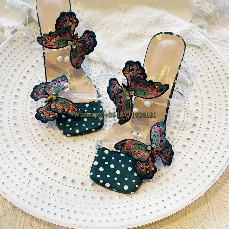 

Slippers 7cm 2023 Summer Women's Shoes Butterfly Green Embroidered Pearl Rhinestone Word With Open Toe High-heeled Sandals, Picture shown