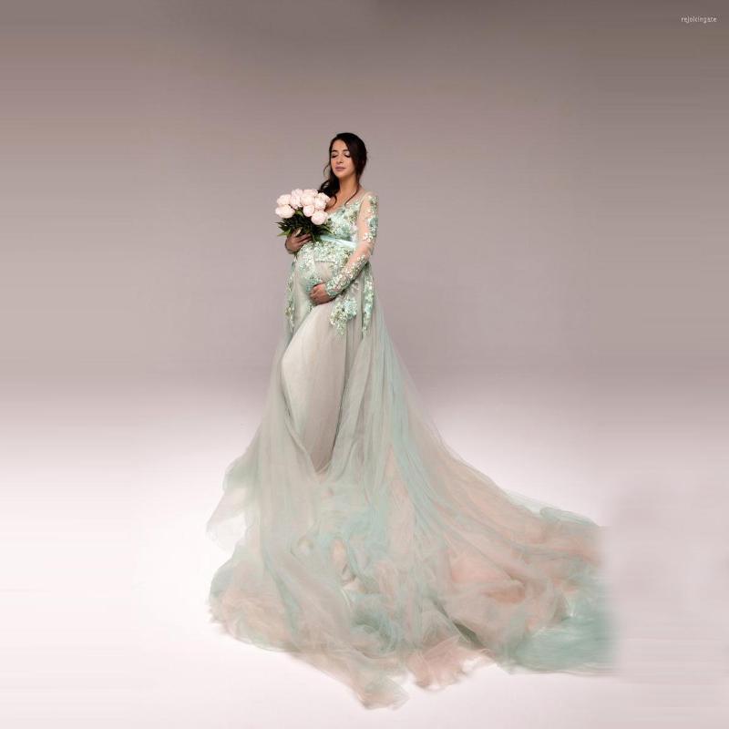 

Party Dresses Fancy Floral Lace Maternity For Po Shoot Long Sleeves V Neck Tulle Train Pregnancy Evening Outfit Baby Showers, Orange