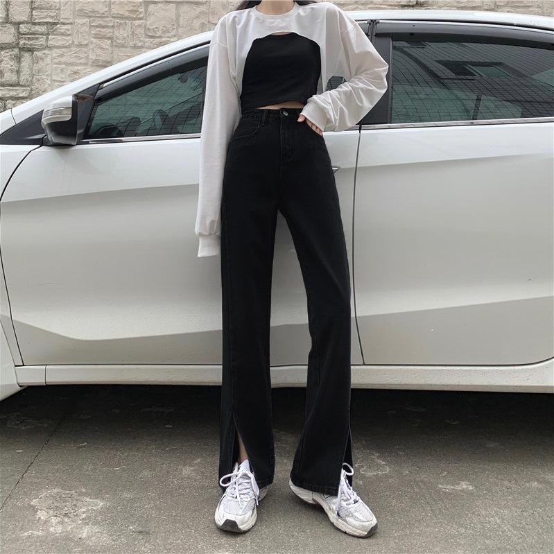

Women's Jeans Black Open Design Women High Waisted Casual Loose Spring Autumn Straight Wide Leg Pants Slim Street Trousers