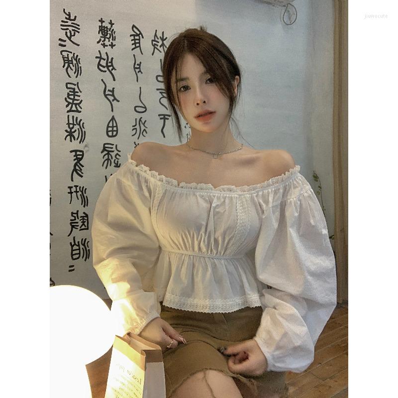

Women' Blouses KUSAHIKI Chic Lace Patchwork Square Collar Women Spring 2023 Slim Waist Short Shirt Fashion Puff Sleeve Blusas De Mujer, White