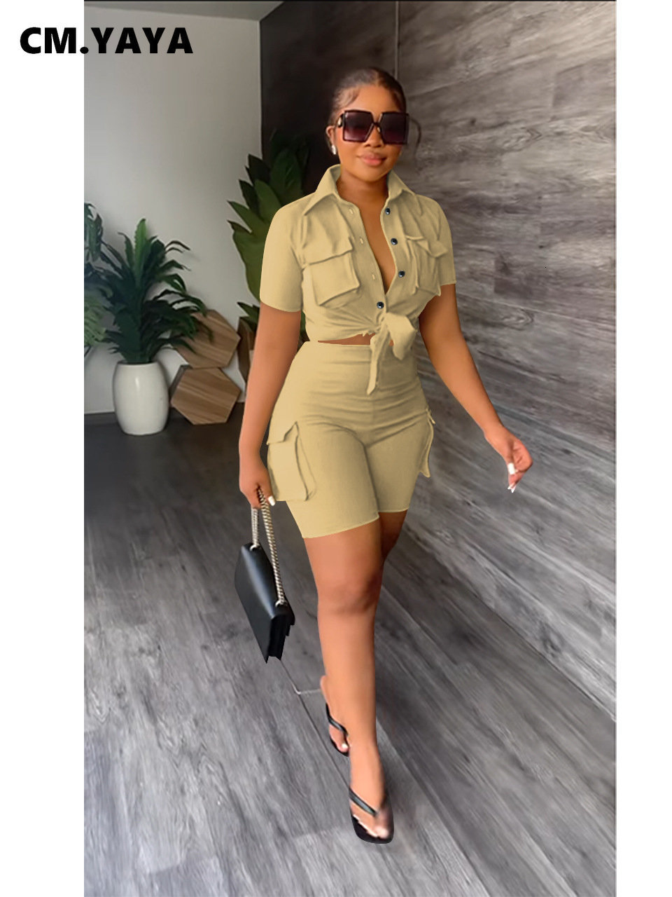

Women's Two Piece Pants CM.YAYA INS Women's Set Short Sleeve Pocket Front Shirt and Pocket Side Shorts Suit Cargo Two 2 Piece Set Outfit Tracksuits 230316, Fluorescent green