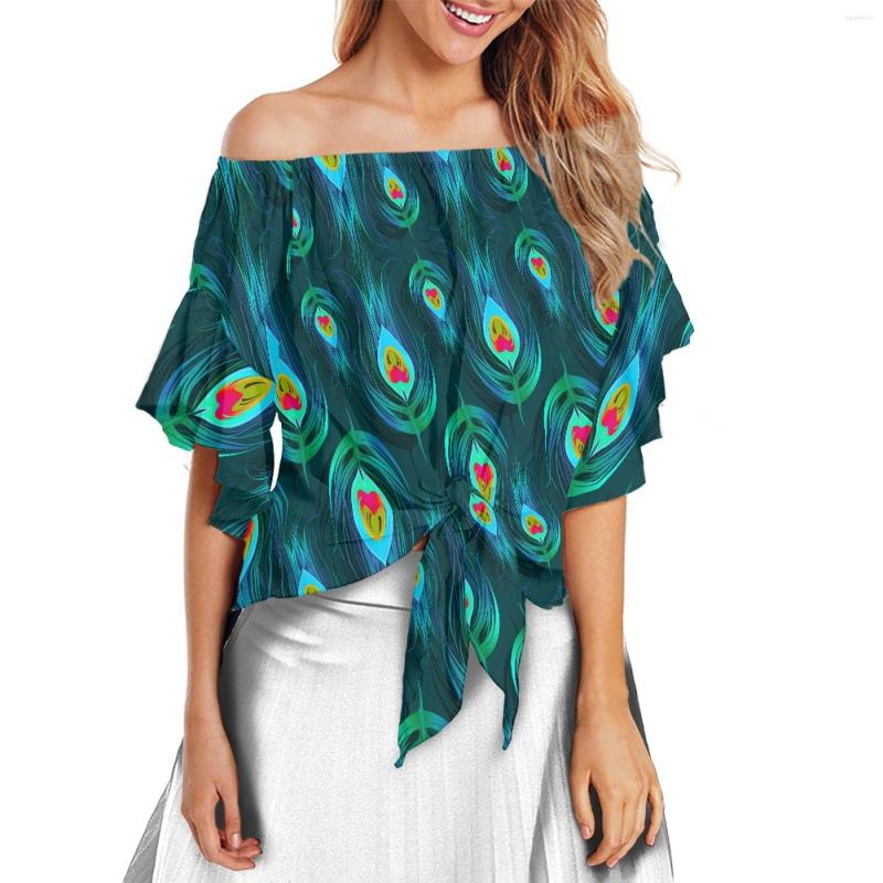 

Women's T Shirts Off Shoulder Tops Polyester Women Shirt Flare Sleeve Retro Style Luxury Design Colorful Feather Print Blouses, Wmy23011020x13