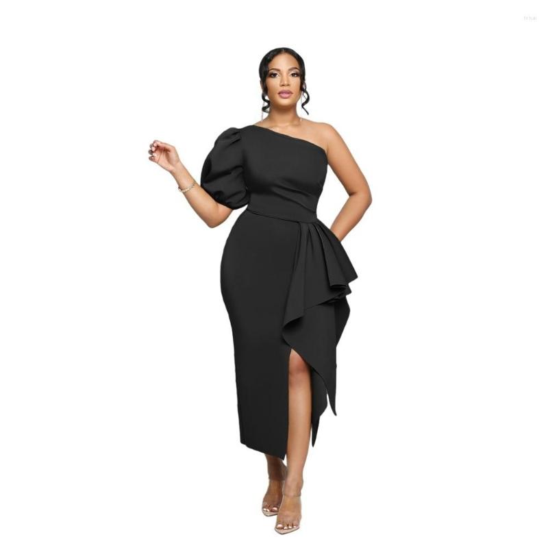

Casual Dresses Cutubly Women' Bodycon Female Ruffles Vestidos Maxi Dress Robe Dresse Slit One Shoulder Elegant Fashion Slim Fit, Black