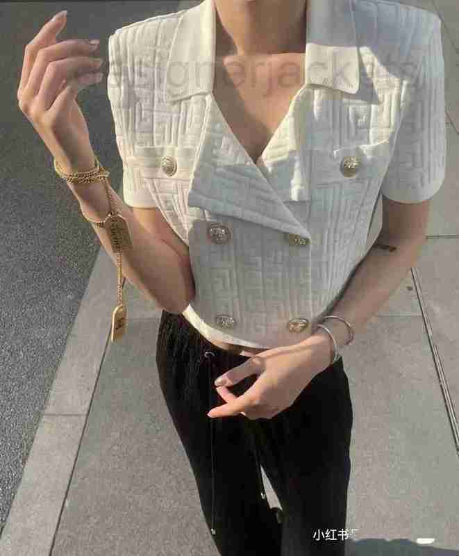 

Women' Knits & Tees designer Summer new style lapel metal button sleeve knitted top for women PN37, White