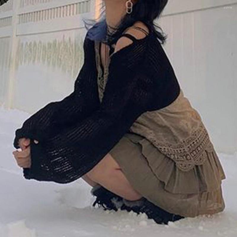 

Women' Blouses Knitted Coat Open Stitch Lightweight Anti-UV Short Type Shawl Sunscreen Jacket Cardigan Cropped Streetwear, Black