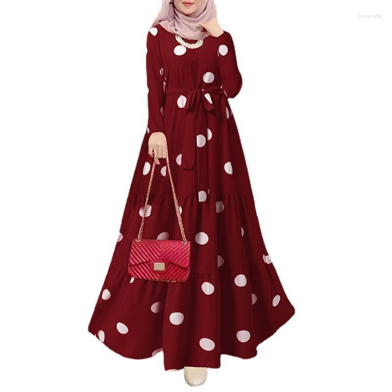 

Ethnic Clothing Islamic Ramadan Muslim Dress Women Turkish Abaya Dubai Polka Dot Print Islam Kaftan Moroccan Vintage Maxi Dresses Robe